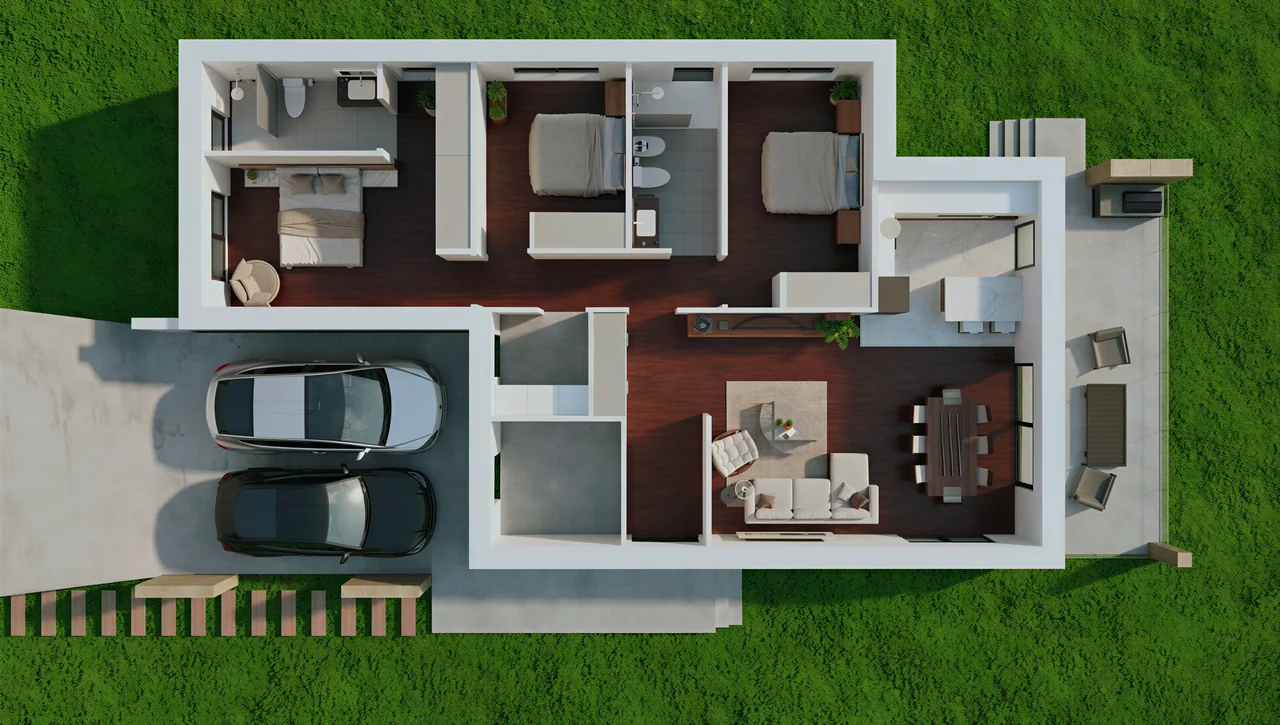 Vista cenital orientativa de la distribución de la vivienda