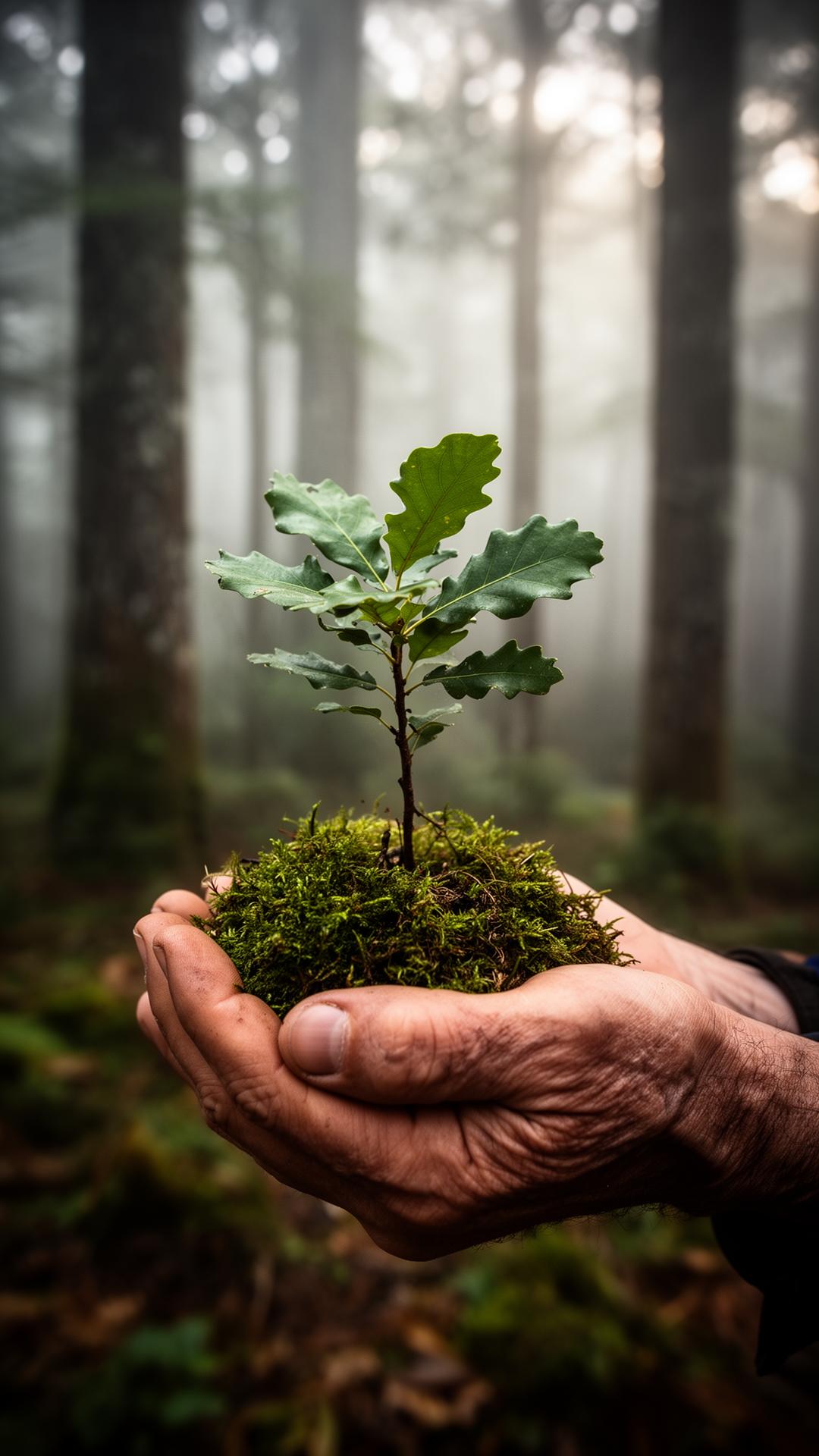 Compromiso medioambiental — siembra de roble autóctono en bosque gallego